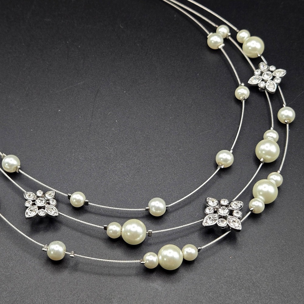 Napier Silver Tone Triple Strand Faux Pearl Rhinestone Flower Necklace 16-19in